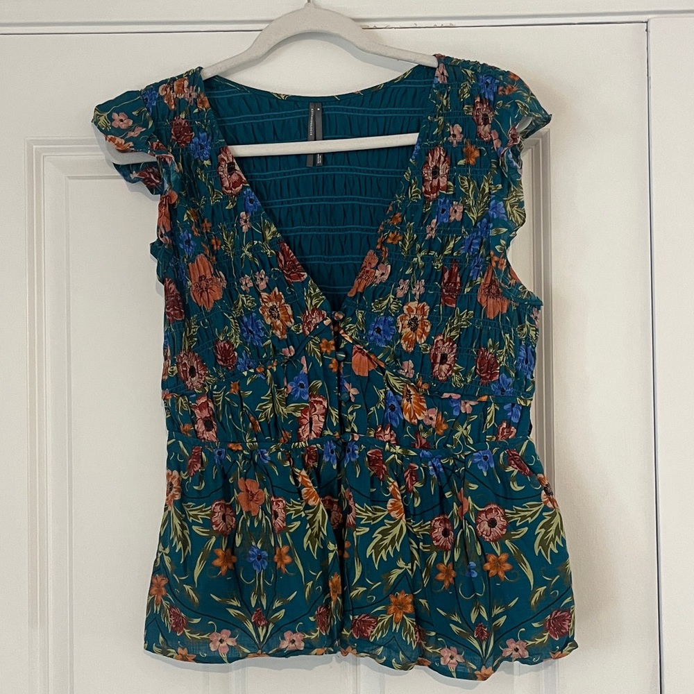 Anthropologie Teal Floral V-Neck Peplum Blouse